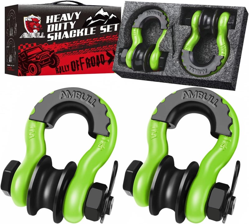 AMBULL Upgraded Snatch Block, 3/4" D Ring Shackle (2 Pack) 22,000lb Break Strength with Towing Pulley, Heavy Duty Offroad Recovery Accessory for Truck, Tractor, ATV & UTV (Green) - Image 1